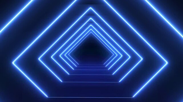Sci Fy neon glowing lamps in a dark hall. Reflections on the floor and walls. Empty background in the center. 3d rendering image. Techology futuristic background.