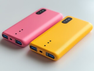 Two colorful power banks in pink and yellow on a light background showcasing modern design