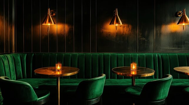 An elegant and stylish bar interior with green velvet seating