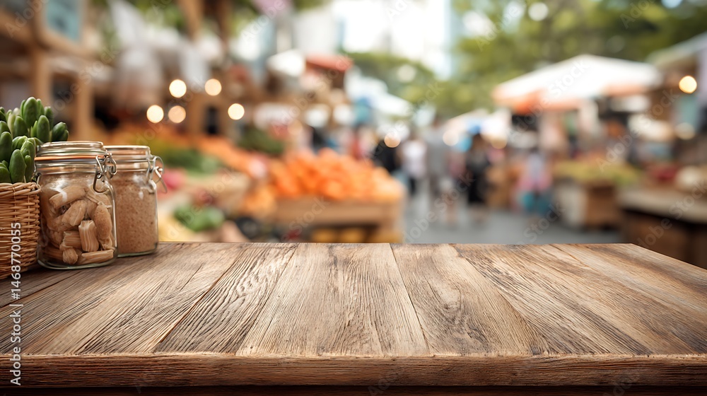 Poster wooden table available for product display with a blurred farmers market in the background