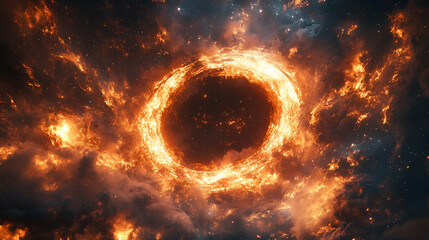 Fiery cosmic ring encircles a void of space.