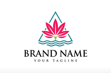 Tulip Flower in a Triangle Logo Design, floral logo, wellness logo, spa aesthetics logo, triangle shape with sea wave water river, tulip tree Vector Icon Symbol Silhouette Illustration brand beauty