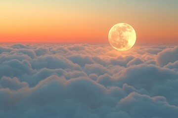 Full moon rises above clouds at dusk creating a mesmerizing celestial display, Detailed full moon rising above clouds close up pov
