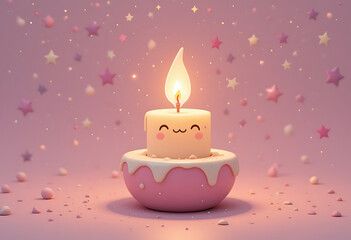 Cute Smiling Candle in Pink Bowl with Stars Background