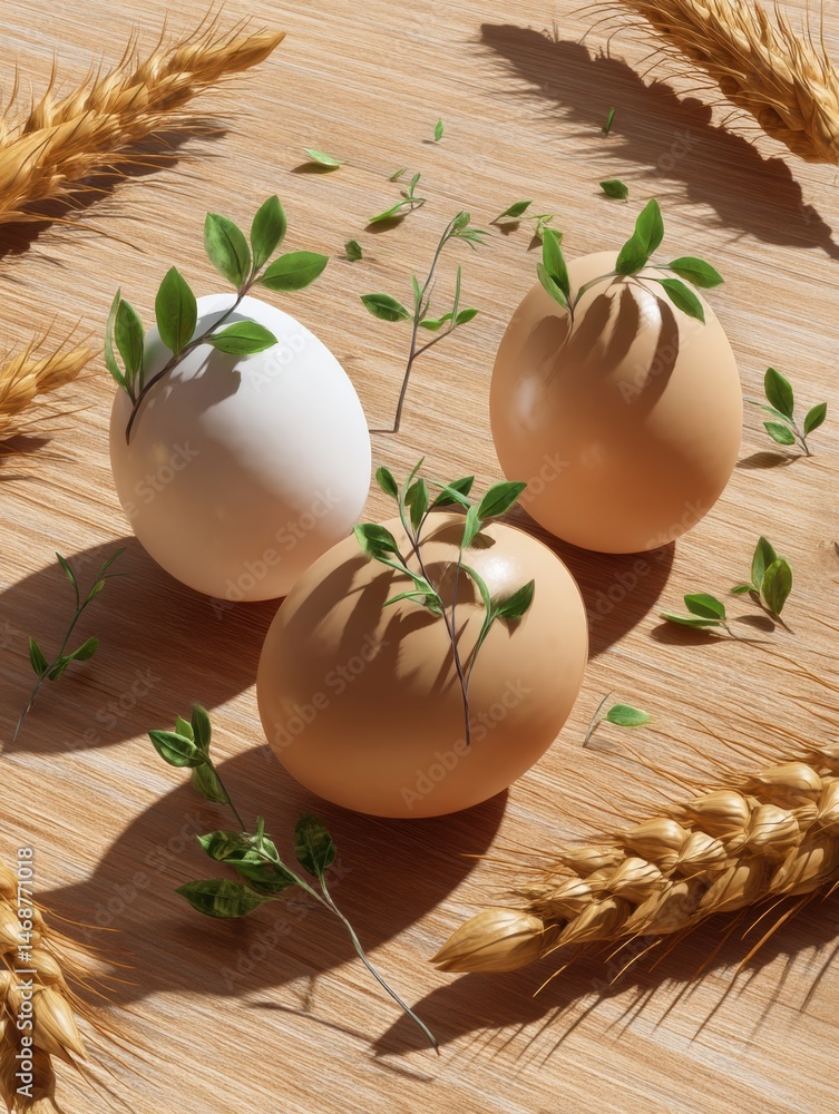 Poster isometric eggs with fresh herbs and wheat on a wooden table creating a rustic culinary atmosphere ge