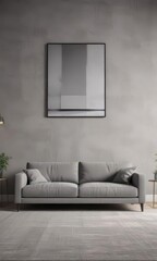 Modern grey sofa, framed prints, minimalist decor ,  framed art,  modern