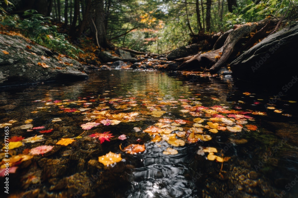 Poster colorful leaves floating on a serene forest stream during autumn in a tranquil natural setting gener
