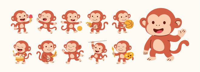 Cute Monkey Illustration, Cute Monkey Eat Ice Cream, Playing Ball, Eat Banana, Say Hello