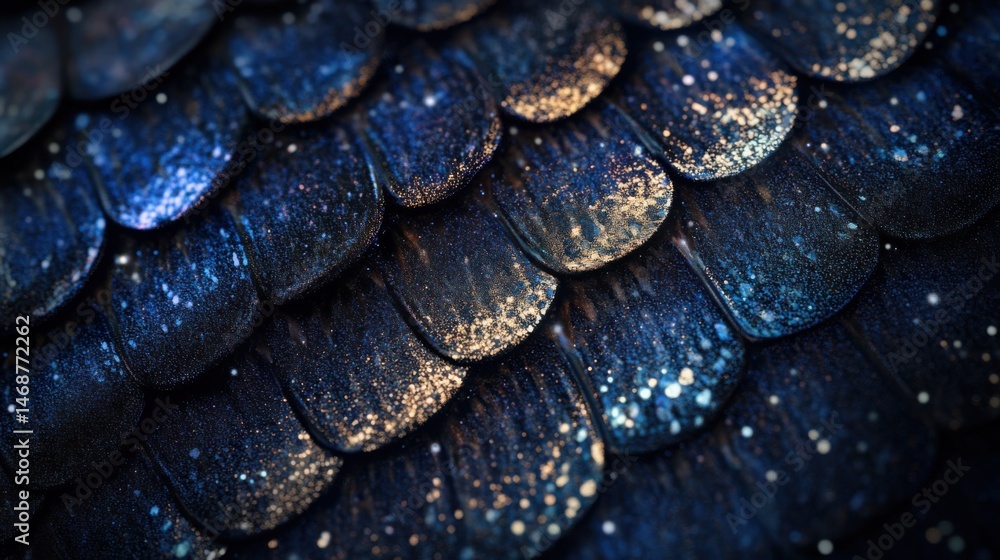 Poster scales of deep blue and shimmering gold create an enchanting texture in close-up view