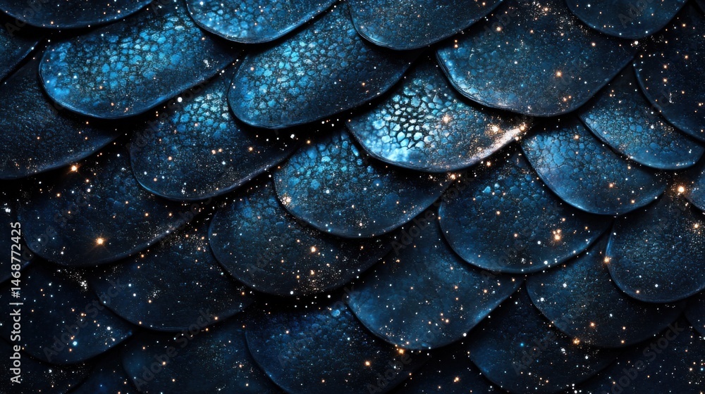 Poster close-up view of shimmering blue fish scales with starry background in an underwater setting during 
