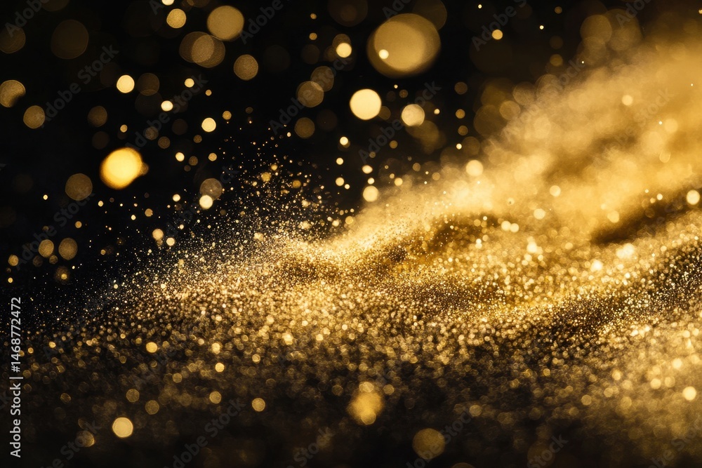 Poster rich golden dust glimmers against a deep black background in a captivating display of elegance and a