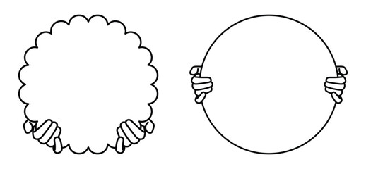 Hands Holding Round and Wavy Circle Signs - Line Art Design.