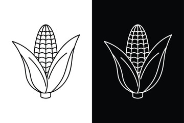 Continuous Line Art Corn Illustration. Simple Vector with Leaves on White Background