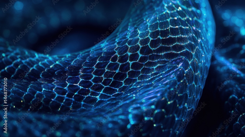 Poster close-up view of shimmering blue snake scales with intricate patterns and textures under soft lighti