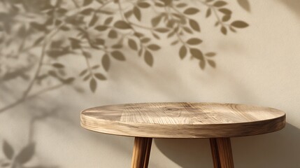 Wooden table top on beige wall with leaf shadow background