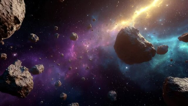 Abstract depiction of a cosmic nebula with numerous asteroids and glowing energy rays high resolution