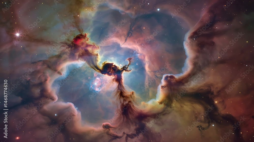 Poster expansive view of a colorful cosmic nebula with stars and clouds of gas and dust capturing the beaut