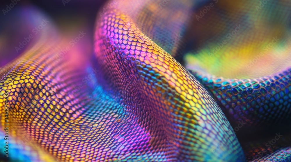 Poster colorful fabric with iridescent patterns under soft lighting creating a mesmerizing visual texture