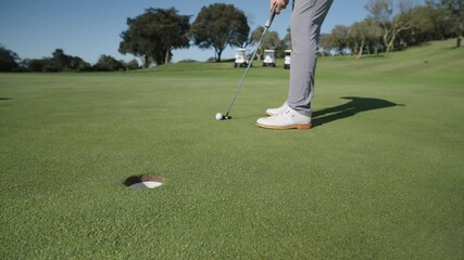 Golfer putting ball on green in six sequential shots
