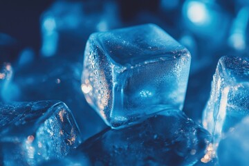 Closeup view of ice cubes with blue lighting creating an abstract background effect, Ice cubes closeup, abstract background