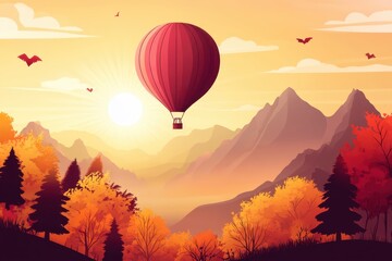 Fototapeta premium red hot air balloon soaring over autumn mountain landscape at sunrise 