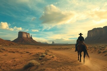 Obraz premium Cowboy rides horseback through desert landscape at sunset, capturing the essence of the Wild West, A cowboy riding horse in desert Seamless ing time-lapse Photo background