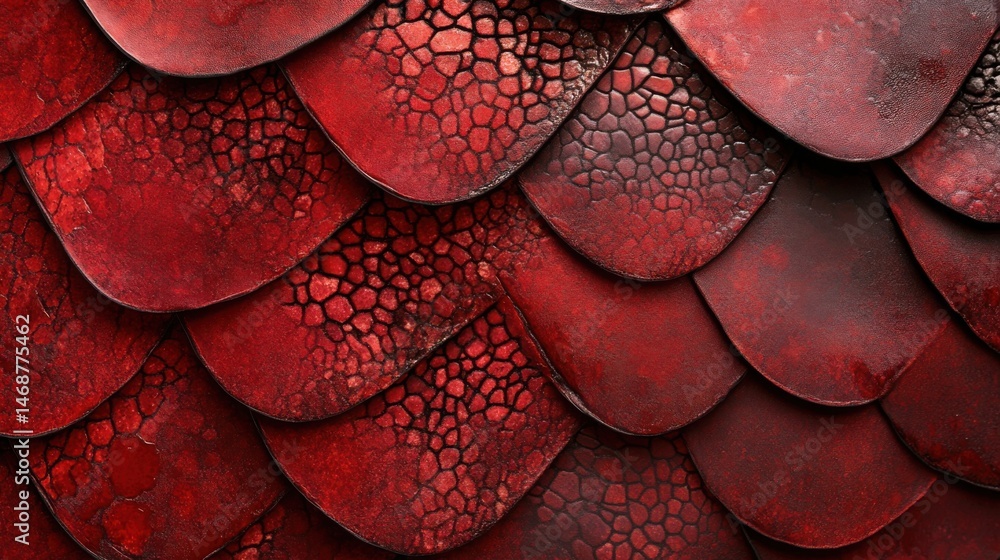 Poster close-up view of textured red scales creating a striking pattern on a surface
