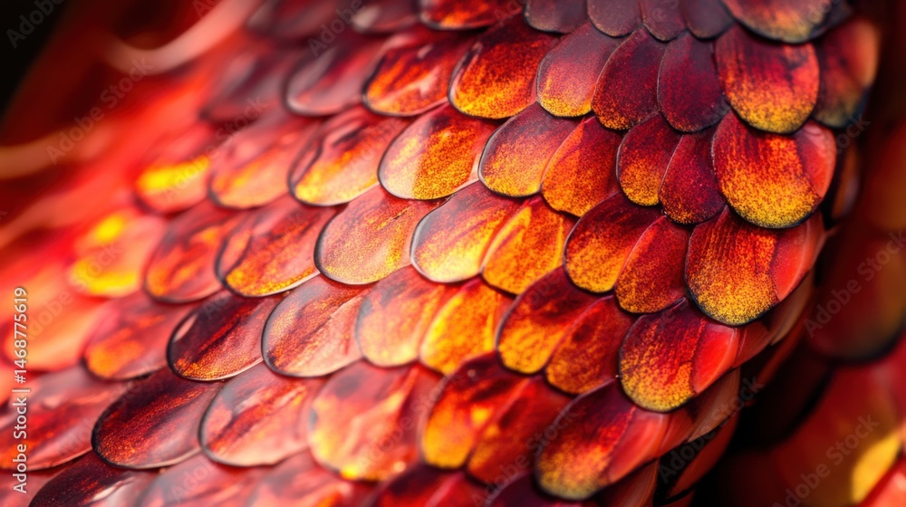 Poster detailed close-up of vibrant red and orange feathers on a bird showcasing intricate texture and colo