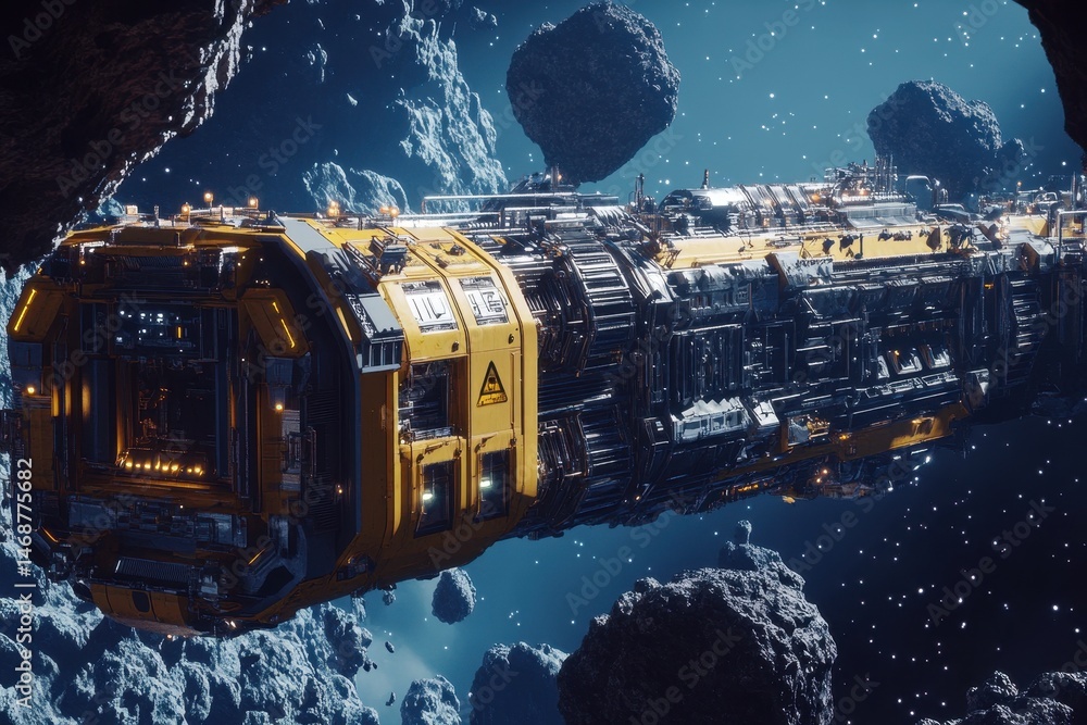 Poster asteroid mining colony buzzes with life and activity in deep space exploration, asteroid mining colo