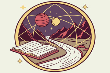 Obraz premium 25 Surreal cosmic landscape, open book pages, celestial bodies, starry night sky, glowing orbs, mountain peaks, flowing river, geometric grid patterns, reflective surfaces, circular framed composition