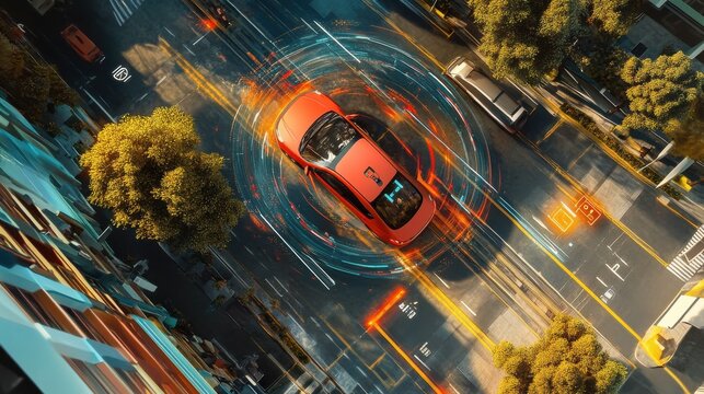 A self-driving car navigating a smart city with 6G connectivity, receiving real-time updates from surrounding infrastructure - Powered by Adobe