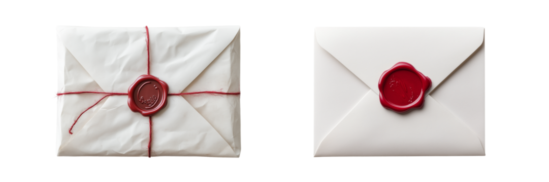 Set of a ,White envelope with red wax ,isolated on transparent background. 