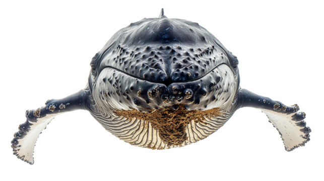 Humpback whale facing forward with gentle expression, isolated on transparent background. PNG