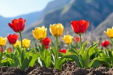 vibrant tulip field with dirt bath and mountain background