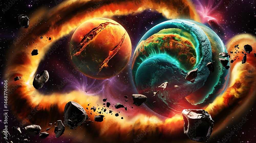 Poster fantasy planets collision in deep space with asteroids and nebula cosmic scene depicting planetary d