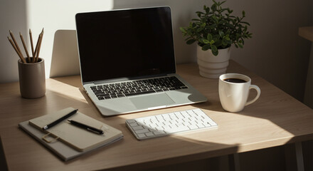 Fototapeta premium Minimalist workspace with laptop and coffee on desk for remote work at home.