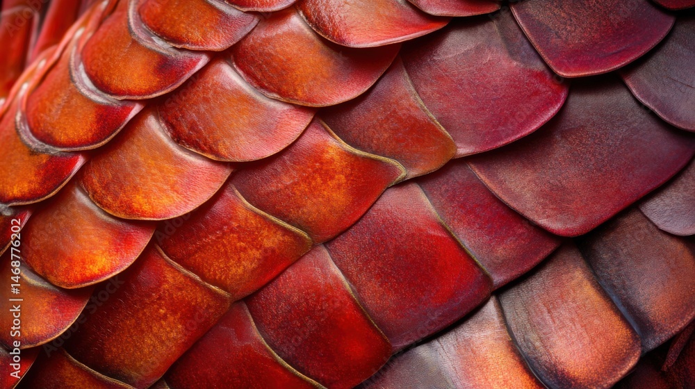 Poster vibrant red and orange scales of a large reptile showcasing intricate patterns in natural light
