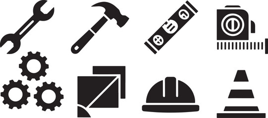 Black and white construction tools icons representing building and engineering elements