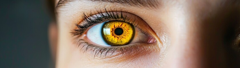 Soulful Awakening Through the Journey of Spirituality, Intensely detailed eye with striking yellow iris and blue inner circle, conveying depth and emotion.