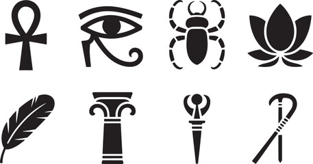 Black and white egyptian symbols featuring ankh eye of horus beetle and lotus flower