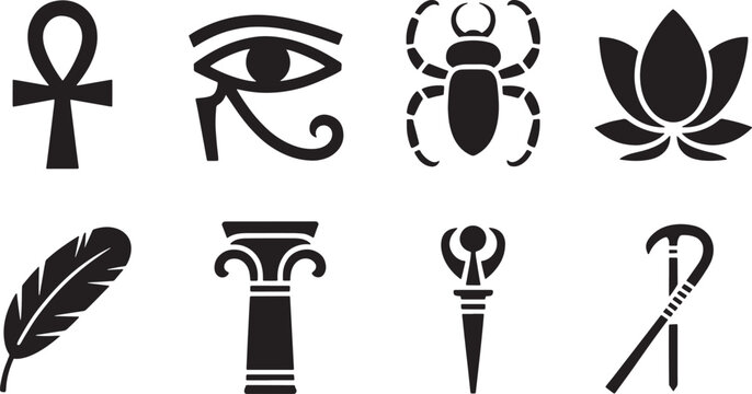 Black and white egyptian symbols featuring ankh eye of horus beetle and lotus flower