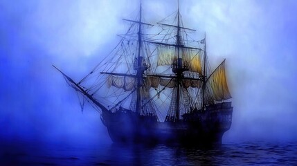 Fototapeta premium A large sailing ship sailing the sea through heavy mist