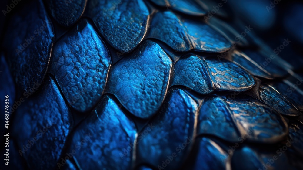 Poster close-up of vibrant blue scales showcasing the intricate texture and patterns of a reptile in natura