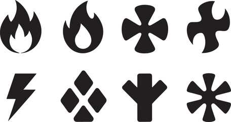 Black and white graphic illustrations of various symbols and shapes arranged on a white background