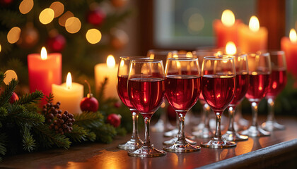 Glasses of red beverage arranged on festive table setting
