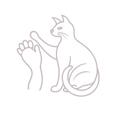Cat and hand touching paws simple line art depicting affection and pet ownership