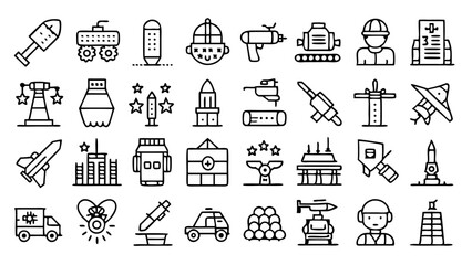 Naklejka premium Military War Line Icon Set - Vector Icons Representing Advanced Military Technology and Tactics