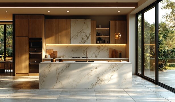 Modern kitchen interior design featuring warm, natural tones.