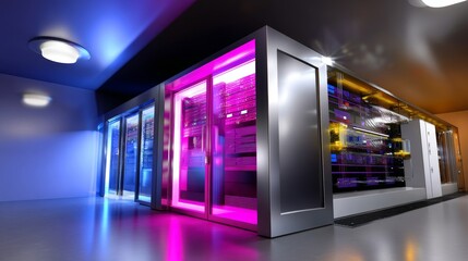 Empty High Tech Server Room with Neon Lights and Cyberpunk Atmosphere
