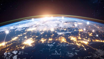 Obraz premium Visualization of virtual international logistics routes in the form of connected arrows and lines on digital globe